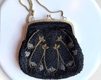 Vintage Black Floral Beaded Purse with Gold Hardware