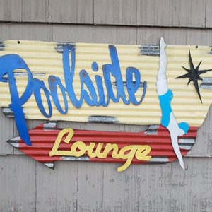 Poolside Lounge Mid-Century Retro Painted Flat Metal/Vintage Corrugated Barn Tin/ Sign Lake House Decor Swimming Pool / Backyard Decor