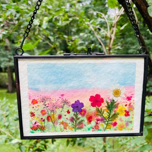 Originele aquarel en echte geperste bloemen Mixed Media Art muurhanger, botanisch interieur.