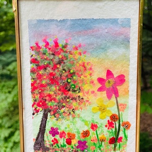 Originele aquarel en echte geperste bloemen Mixed Media Art muurhanger, botanisch interieur.