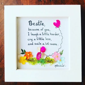 Handmade Pebble Art “Bestie”, set Inside a Real Wood Frame with Sea Glass.Bestie Gift!
