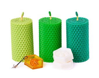 Beeswax Gifts Set of 3 Green Pillar Candles with Honey Scent, Hand-Made Charm and 2 Shea Butter Soap Bars for Gift and Home Decor