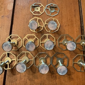 Set of 12 Vintage Brass Round Drawer Pulls with Octagon Backplates - Mid-Century Modern Hardware - Includes 2 Spare Backplates & Screws