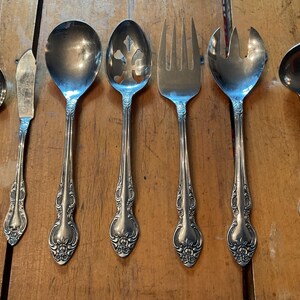 Vintage Rose & Scroll 7-Piece Serving Set - Glossy Stainless Steel Flatware Made in Japan - Ornate Floral Pattern - Discontinued Pattern
