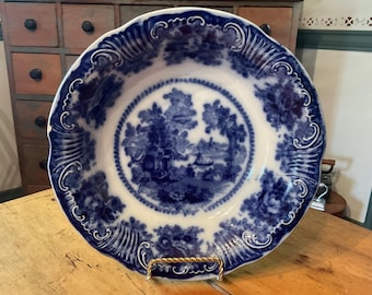 Antique George Jones Abbey Flow Blue Bowl, 9" Scalloped Ironstone Soup Bowl, English Transferware, Abbey 1790 Pattern, Late Victorian Decor