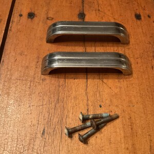 Vintage Art Deco Chrome Drawer Pulls Set of 2 - 1930s 1940s Streamline Moderne Cabinet Handles Hardware with Screws - 3 3/4" Length