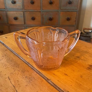 Vintage Pink Depression Glass Sugar Bowl - Jeannette Glass Cherry Blossom Pattern - 1930s Authentic Double Handled Bullion Cup