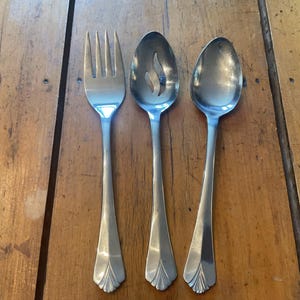 Vintage Farberware Bayport Stainless Serving Set - 3 Piece Hostess Set - Slotted Spoon, Solid Spoon, Cold Meat Fork - MCM Style Flatware