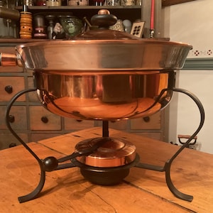 Vintage Copper Chafing Dish with Wrought Iron Stand - Mid Century Buffet Server - Farmhouse Kitchen Decor
