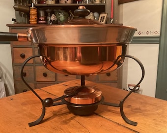 Vintage Copper Chafing Dish with Wrought Iron Stand - Mid Century Buffet Server - Farmhouse Kitchen Decor