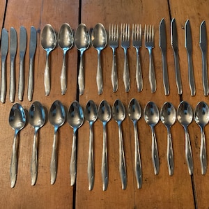 Ménagère vintage Mar-Crest Citation en acier inoxydable, 28 pièces, style moderne du milieu du siècle, motif étoile atomique, service pour 4 personnes, ustensiles de cuisine rétro (USA).