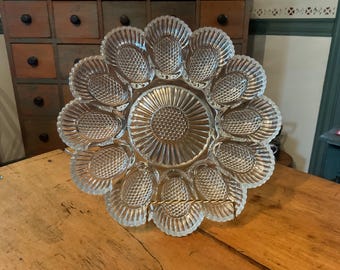 Vintage Indiana Glass Deviled Egg Plate - Crystal Happenings Hobnail Relish Tray - Clear Pressed Glass 12 Slot Appetizer Platter