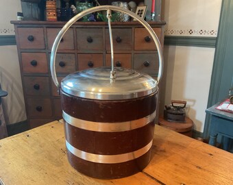 Vintage Keystoneware Wood Ice Bucket with Mercury Glass Liner, Hand-Made Woodcraft, MCM Barrel Ice Bucket with Chrome Accents