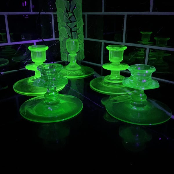 Uranium Glass Candlestick Holders - Glowing Green Vaseline Glass - Princess Pattern, Octagon & Round Tiered Styles - UV Reactive Glass
