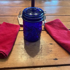 Cobalt Blue Wire Bail Jar/Vintage Blue Glass Jar/Embossed Cobalt Blue Jar/Cobalt Blue Storage Jar/Vintage Kitchenware/On Sale/Ready To Ship