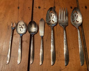 Vintage 7-Piece Serving Set, Oneida Wildwood I-Always (1958), Silverplate Hostess Set, Mid-Century Floral Flatware, Complete Serving Kit