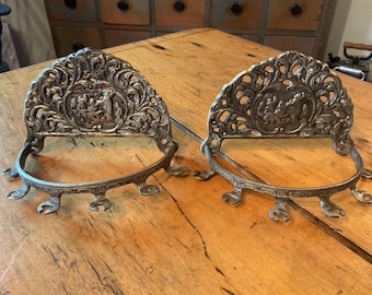 Vintage Pair of Ornate Silver over Brass Wall Mounted Spoon Racks - Holds 12 Spoons - Made in India - Mid-Century Kitchen Decor
