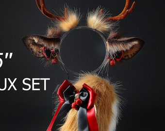 May include: A 15-inch faux fur reindeer tail and headband set. The headband features brown faux fur ears with red bells and brown antlers. The tail is brown and white faux fur with a red bow and bells.