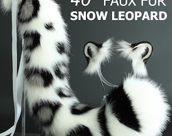 Realistic faux fur white gray snow leopard ear and tail set anime cosplay kenomomimi leopard tail and ear set petplay animal role playing