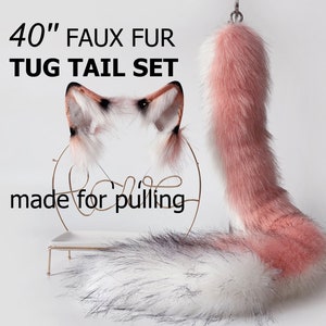 pink faux fur dragon tail and ear set anime cosplay fluffy tipped dragon wirin wickerbeast fursuit tail furry tail and ear cosplay tail ear