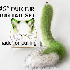 green faux fur dragon tail and ear set anime cosplay fluffy tipped dragon wirin wickerbeast fursuit tail furry tail and ear cosplay tail ear