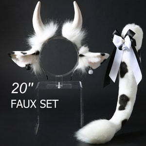 realistic faux fur cow tail and ear set cow ear and tail set cattle tail and ear headband furry cow ears and horns anime cosplay petplay