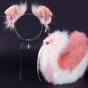 Pink bow puppy ear and tail set realistic faux fur shepherd dog ear and tail set shiba Inu dog ear and tail set cosplay puppy play halloween