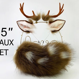 Realistic faux fur sika deer ear and tail set animal fawn ears sika deer ear headband anime cosplay sika deer tail and ear antler halloween