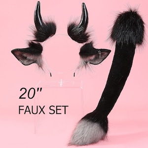 Black realistic faux fur cow tail and ear set cow ear and tail set cattle tail and ear headband furry cow ears and horns anime cosplay