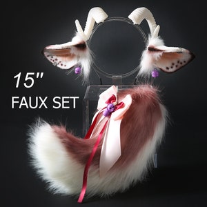 Faux fur sheep tail and ear set anime cosplay goat ear and tail set pet play sheep ears with horns Goat ears headband lamb ear and tail