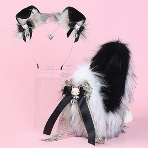 Conjunto de orejas y cola de cachorro con lazo negro, conjunto de orejas y cola de perro pastor de piel sintética realista, conjunto de orejas y cola de perro Shiba Inu, juego de cosplay de cachorro