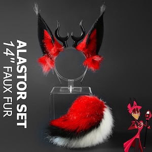 Faux Fur Alastor Ears Hazbin Hotel Alastor Tail - Alastor Ears And Tail Hazbin Hotel - Hazbin Hotel  Alastor Ears With Horn Cosplay Ears