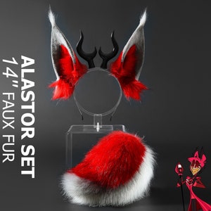 Realistic Faux Fur Alastor Ears Hazbin Hotel Alastor Tail - Alastor Ears And Tail Hazbin Hotel - Hazbin Hotel  Alastor Ears Cosplay Gray Red