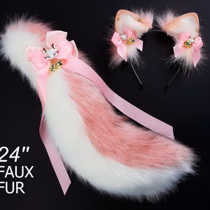 Pink bow puppy ear and tail set realistic faux fur shepherd dog ear and tail set shiba Inu dog ear and tail set cosplay puppy play halloween