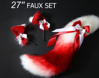 Red white faux fur fox tail plug and ear wolf tail buttplug and ear kitten ear and tail plug set curved tail and ear plug cosplay -mature