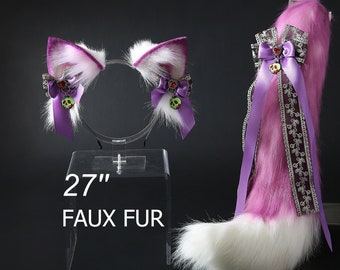purple white faux fur fox tail plug and ear wolf tail buttplug and ear kitten ear and tail plug set curved tail and ear plug cosplay -mature