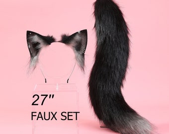 Black gray faux fur fox tail plug and ear wolf tail buttplug and ear kitten ear and tail plug set curved tail and ear plug cosplay -mature