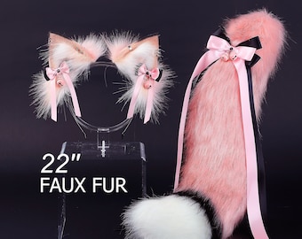 Pink white fox tail and ear realistic faux fur wolf tail and ear kitten ear and tail set curved cat tail and ear anime cosplay petplay