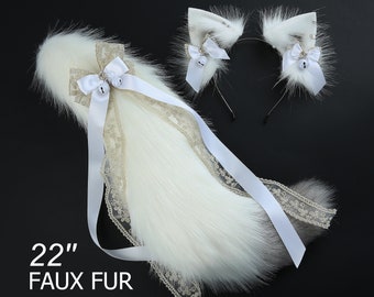 White gray faux fur fox tail plug and ear wolf tail buttplug and ear kitten ear and tail plug set curved tail and ear plug cosplay -mature