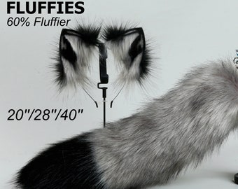 gray black fluffy fox tail plug and ear set wolf tail butt plug tail buttpluganime cosplay earpetplay kitten tail plug anal sextoy -mature