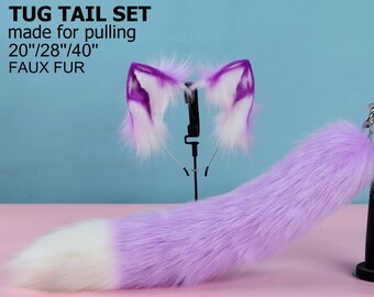 purple tug tail plug and ear set faux fur fox tail butt plug wolf tail buttplug ddlg sex toy bdsm cat tail plug anal bondage petplay -mature