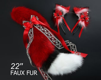 Red fox tail and ear realistic faux fur wolf tail and ear kitten ear and tail set curved cat tail and ear anime cosplay fox ear headband