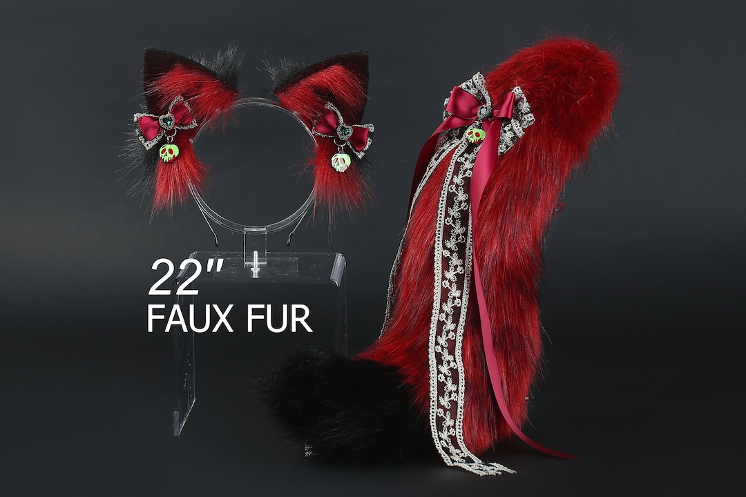 Red Black Fox Tail and Ear Realistic Faux Fur Wolf Tail and Ear Kitten