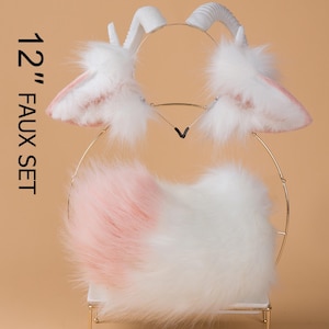 Faux fur sheep tail and ear set anime cosplay goat ear and tail set pet play sheep ears with horns Goat ears headband lamb ear and tail