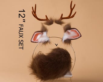 May include: A 12-inch faux deer tail set with brown fur, a headband with brown antlers, and two brown and white faux ears.