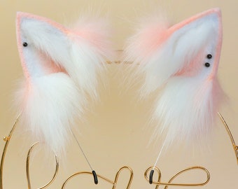 fox ear faux fur pink and white wolf ear cat ear headband kitten ear cosplay neko ear petplay ear kittenplay ear anime cosplay animal ear