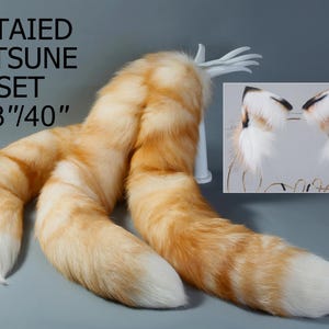 3 tailed kitsune tail and ear set white 3 fox tails and ears set kitten ear and tail set fox ears and tail petplay anime cosplay petplay