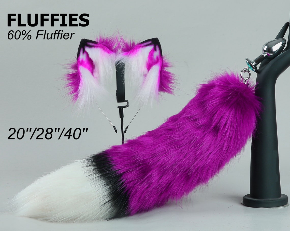 Purple fox tail plug and ear set fox ear fluffy wolf tail butt | Etsy