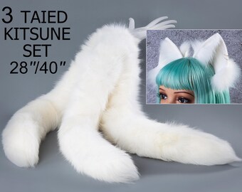 Kitsune staart en staart set wit 3 set vossenstaarten en oren kitten oor en staart set vossenoren en staart petplay anime cosplay petplay