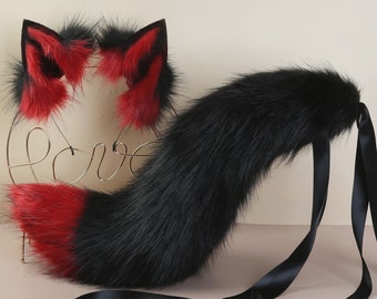 black red faux fur fox tail and ear wolf tail and ear kitten ear and tail set curved cat tail and ear anime cosplay tail fox ear headband